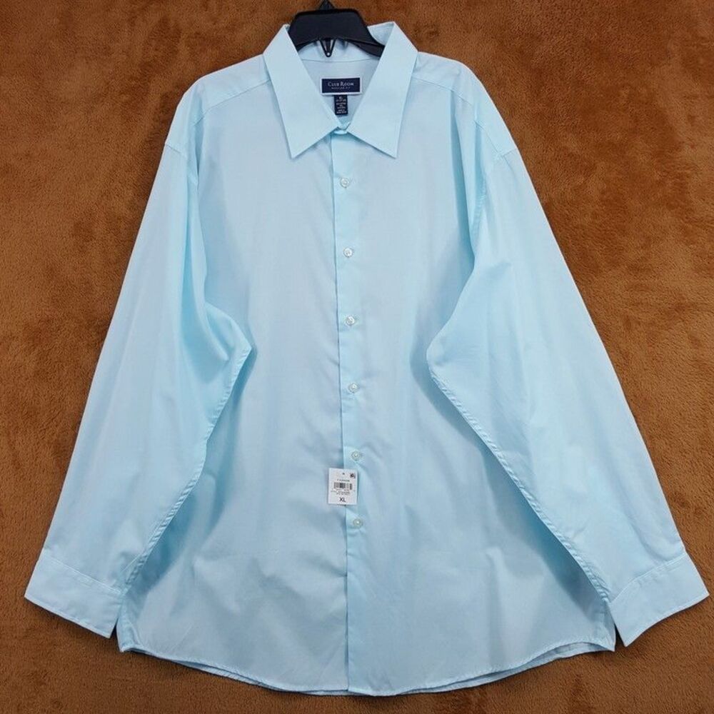 Club Room Dress Shirt Mens Size 17 17.5 Solid Light Blue Button Up Regular Fit